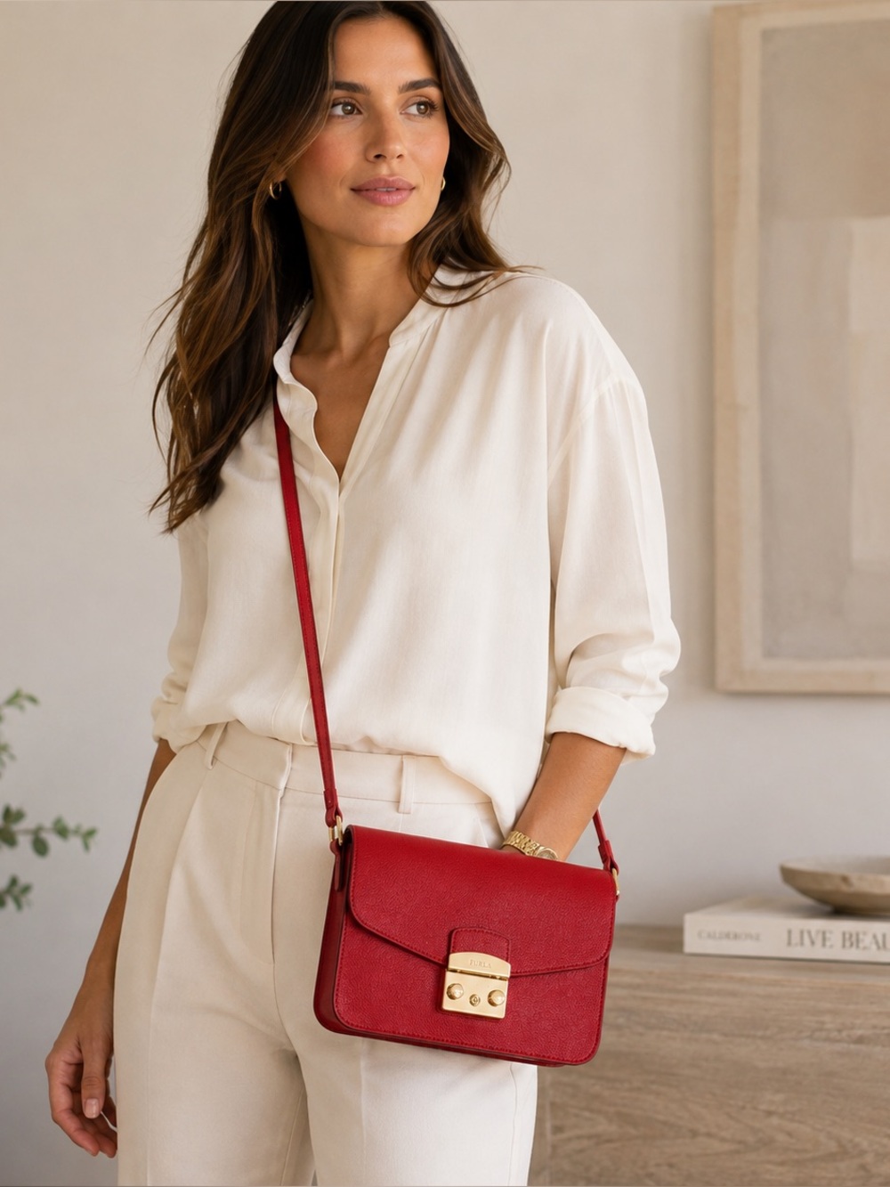 Furla Red Leather Crossbody Bag with Gold Hardware Classic Minimalist - Picture 7 of 7